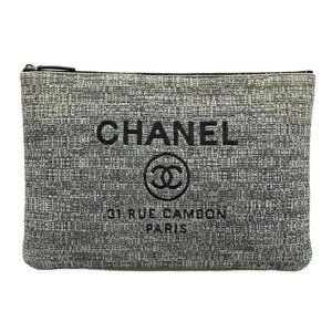 Auth CHANEL Deauville Line Gray White Dark Gray Chemical Fiber Clutch Bag
